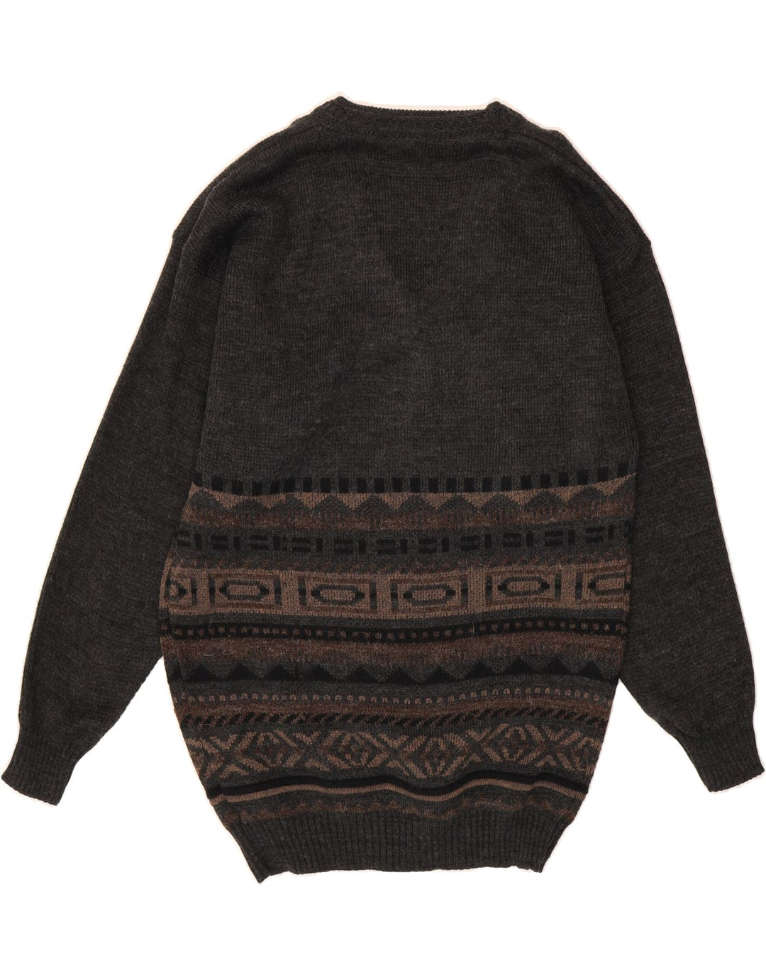 VINTAGE Mens V-Neck Jumper Sweater Medium Grey Fair Isle Wool Vintage Vintage and Second-Hand Vintage from Messina Hembry 