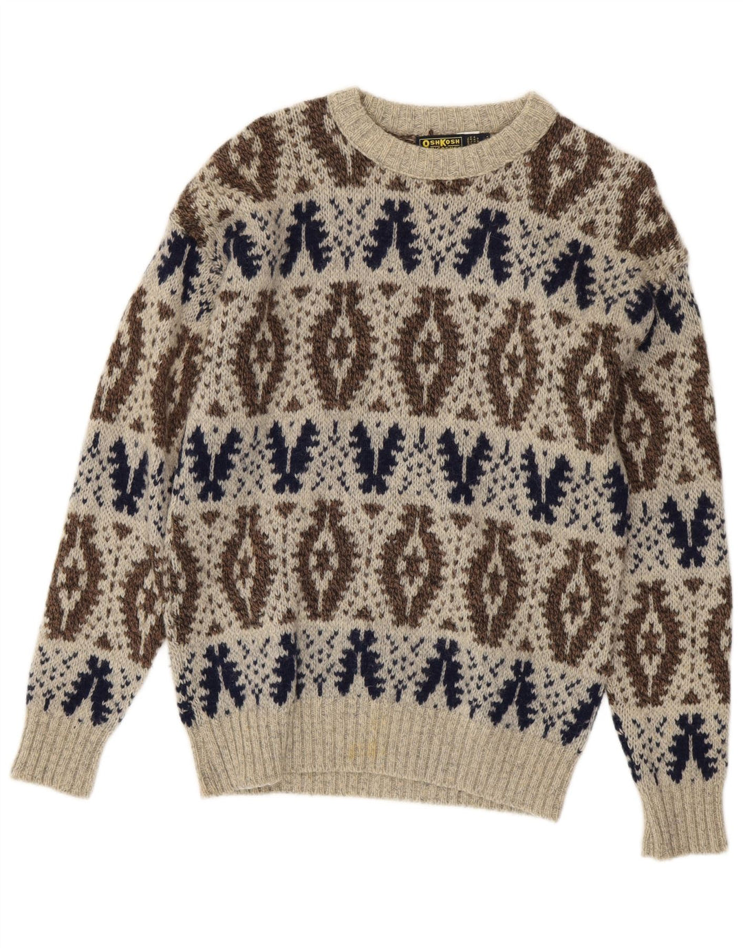 Męski sweter z dekoltem w łódkę Osh Kosh, duży, szary, wełniany Fair Isle