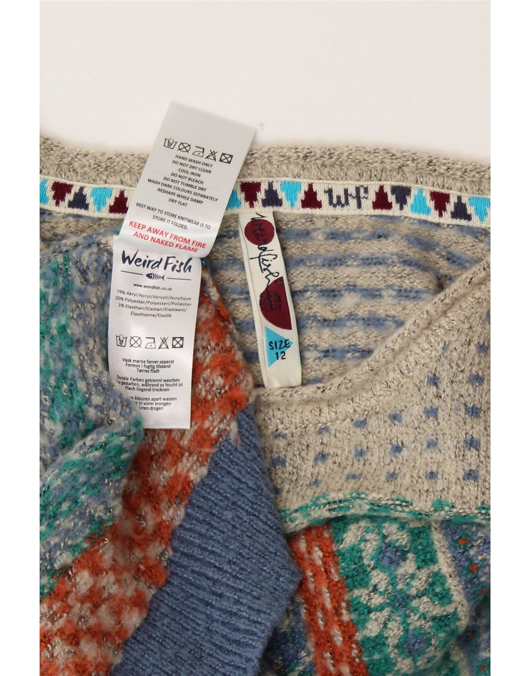 Damski sweter WEIRD FISH z dekoltem w łódkę UK 12 Średni niebieski Fair Isle