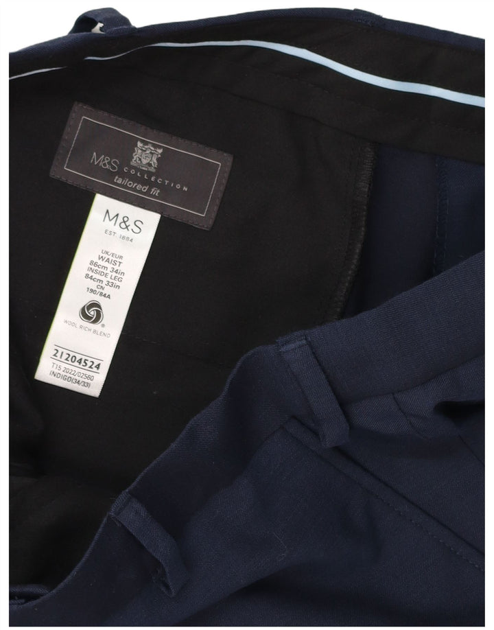 Marks & Spencer Męskie proste spodnie garniturowe W34 L33 Niebieskie