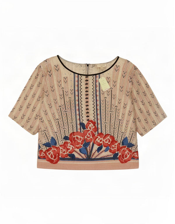Bluzka damska Vintage Top UK 14 Średni Beżowy Kwiatowy Rayon