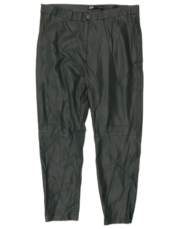 Zara Womens Crop Faux Leather Leggings XL W32 L23 Green Polyester