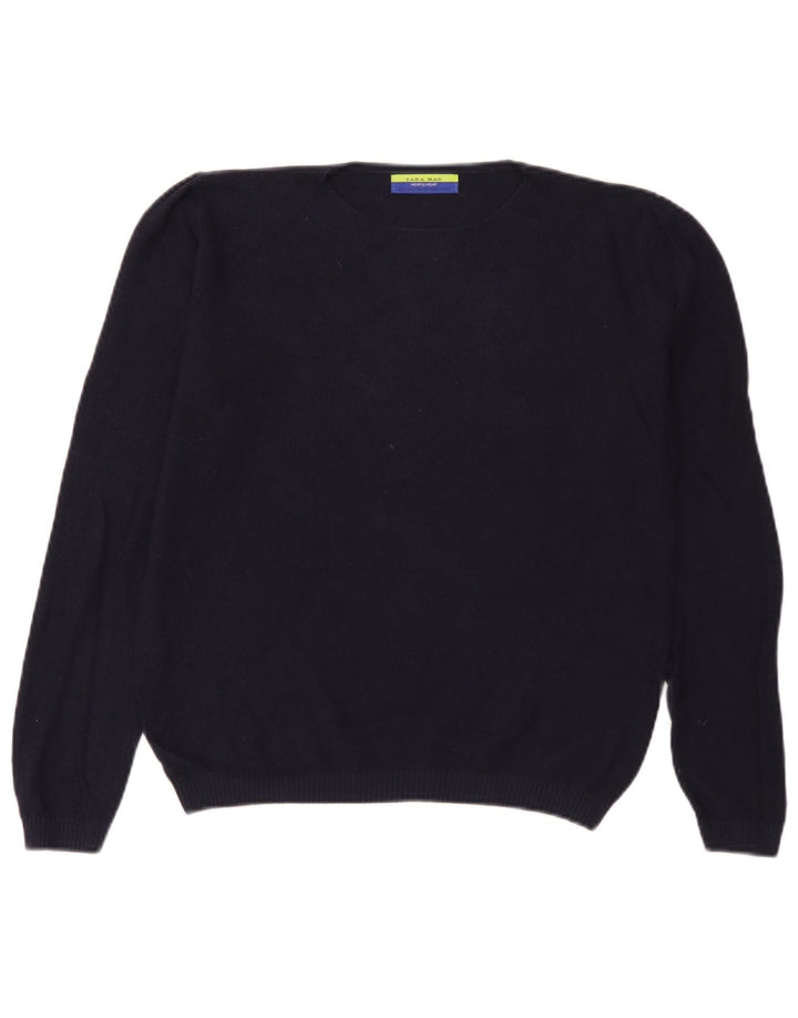 Męski sweter Zara z okrągłym dekoltem, duży, granatowy
