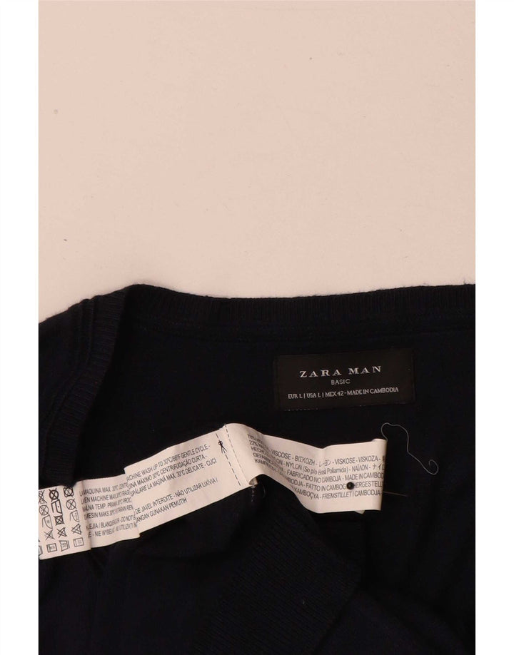 Męski sweter Zara z dekoltem w kształcie litery V, duży, granatowy, wiskoza