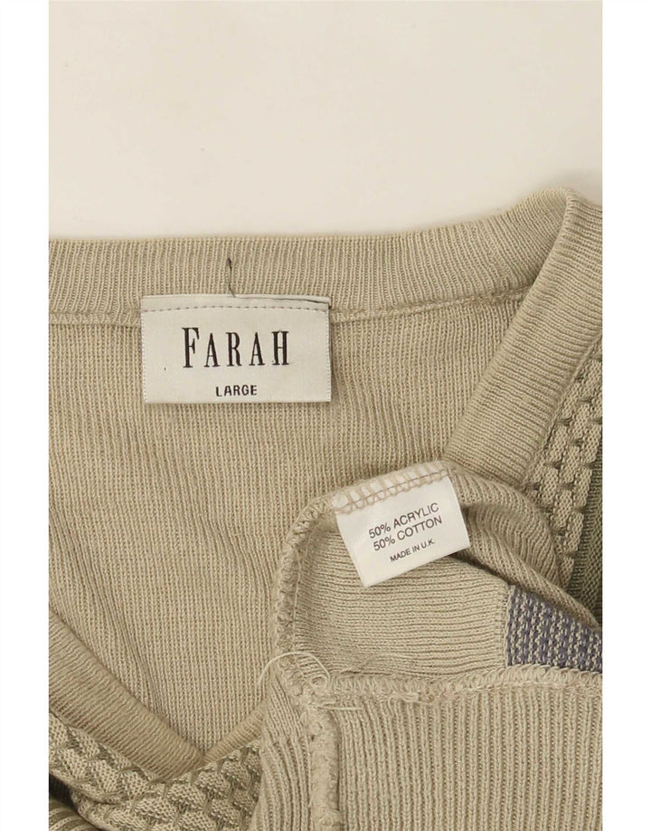 Farah Męski sweter z dekoltem w kształcie litery V, duży, zielony, geometryczny akryl