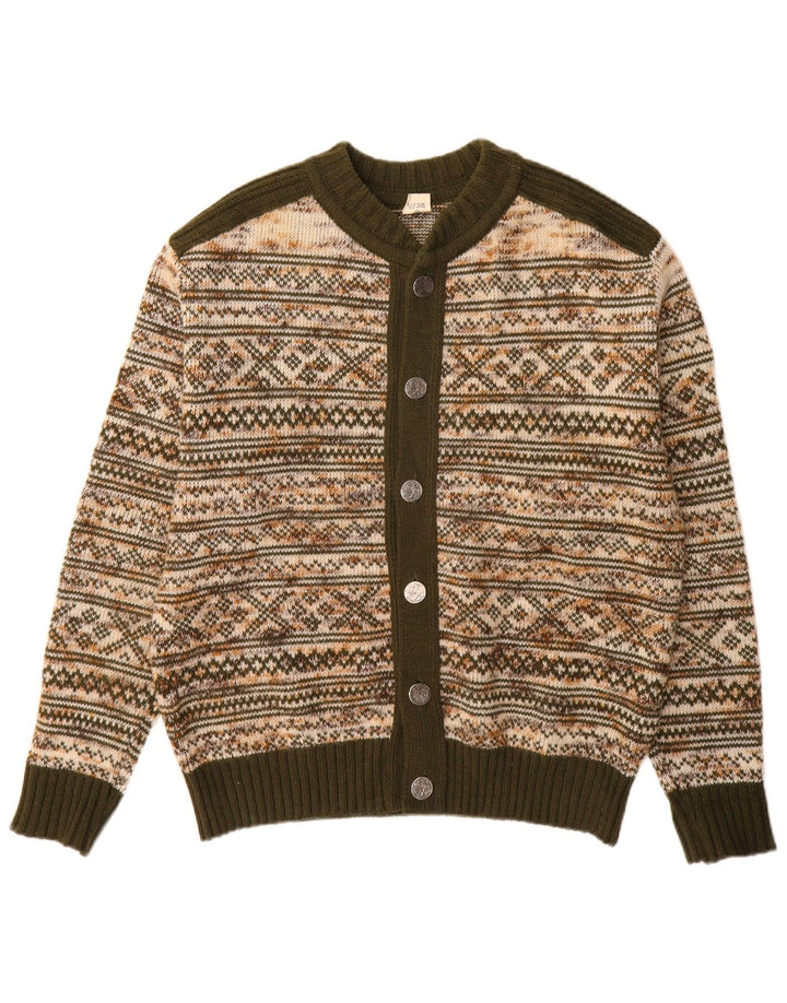 Vintage męski sweter rozpinany, średni zielony Fair Isle akryl