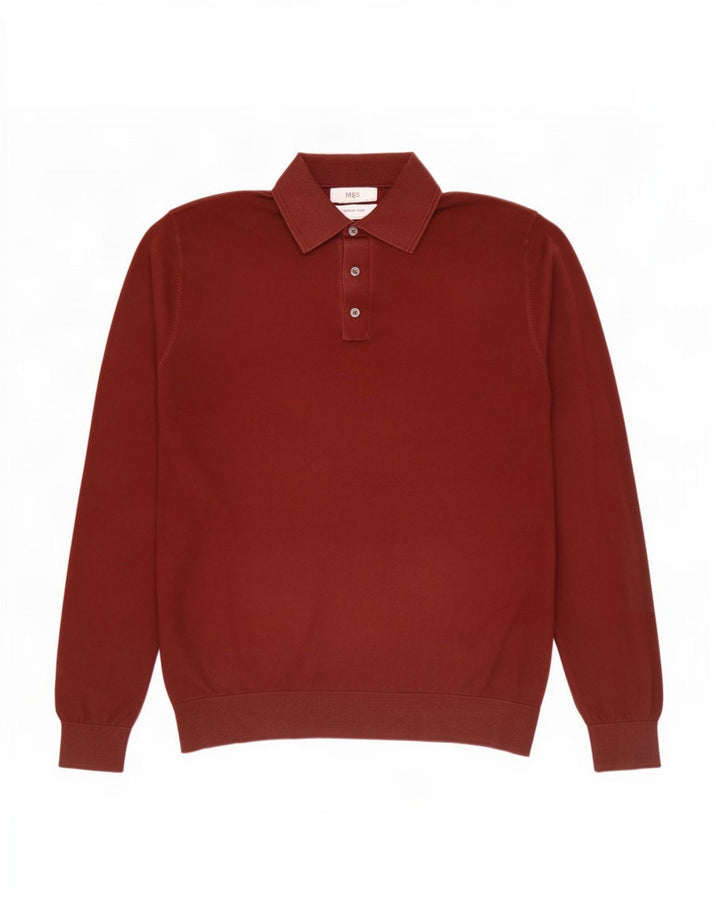 Marks & Spencer Męski sweter polo z kołnierzykiem, średniobrązowy, bawełniany