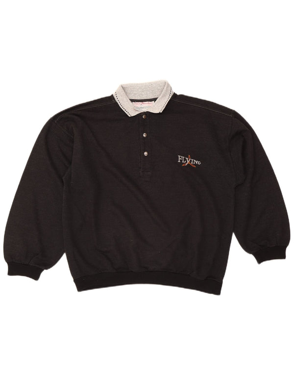 Vintage męska bluza polo z dekoltem w serek, duża czarna bawełna