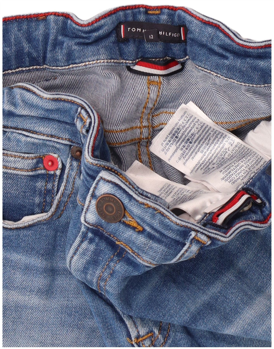 Tommy Hilfiger Chłopięce jeansy slim z przetarciami 11-12 lat W24 L26 Niebieskie bawełniane