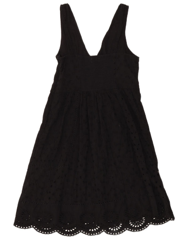 Monsoon Womens Sleeveless A-Line Dress UK 14 Large Black Floral Cotton