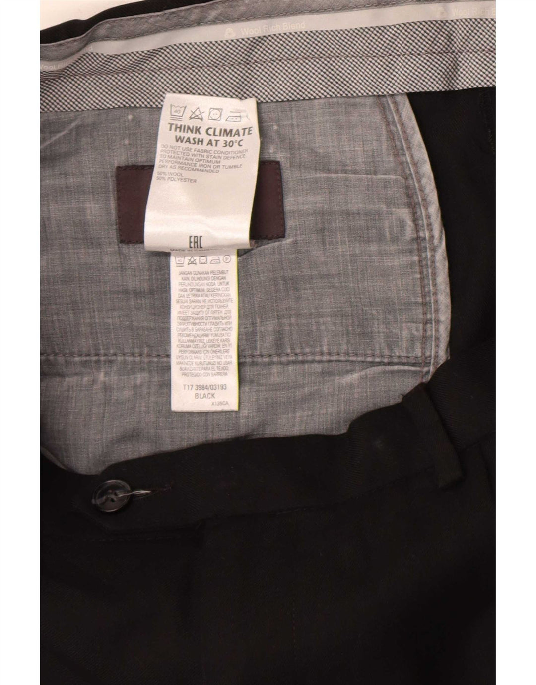 Męskie spodnie garniturowe Marks & Spencer o regularnym kroju W36 L33 Czarna wełna