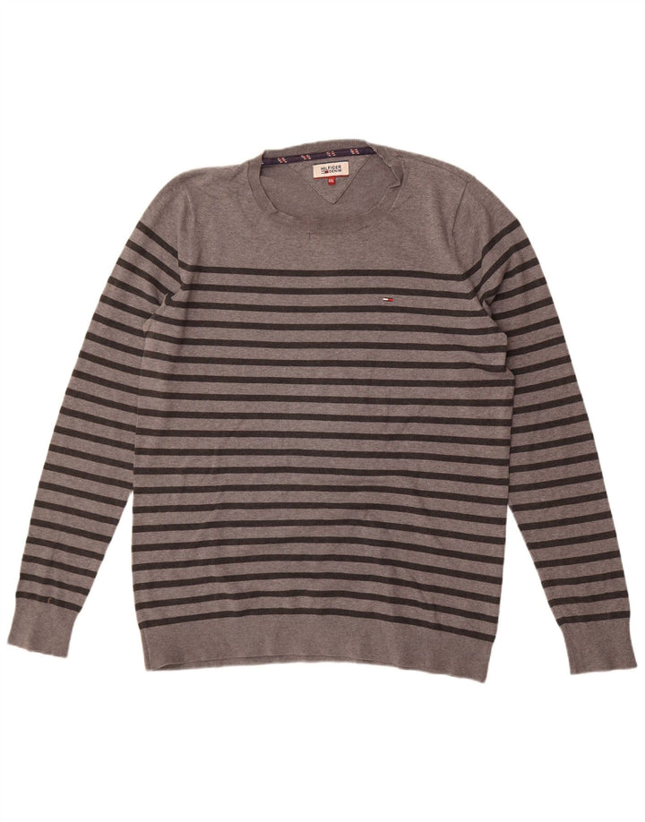 Męski sweter z okrągłym dekoltem Tommy Hilfiger 2XL, szara, bawełniana w paski