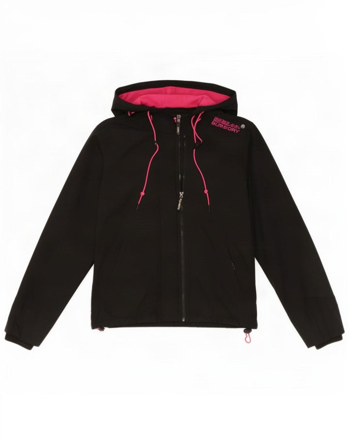 Damska kurtka wiatrówka z kapturem Superdry UK 16, duża, czarna, poliester