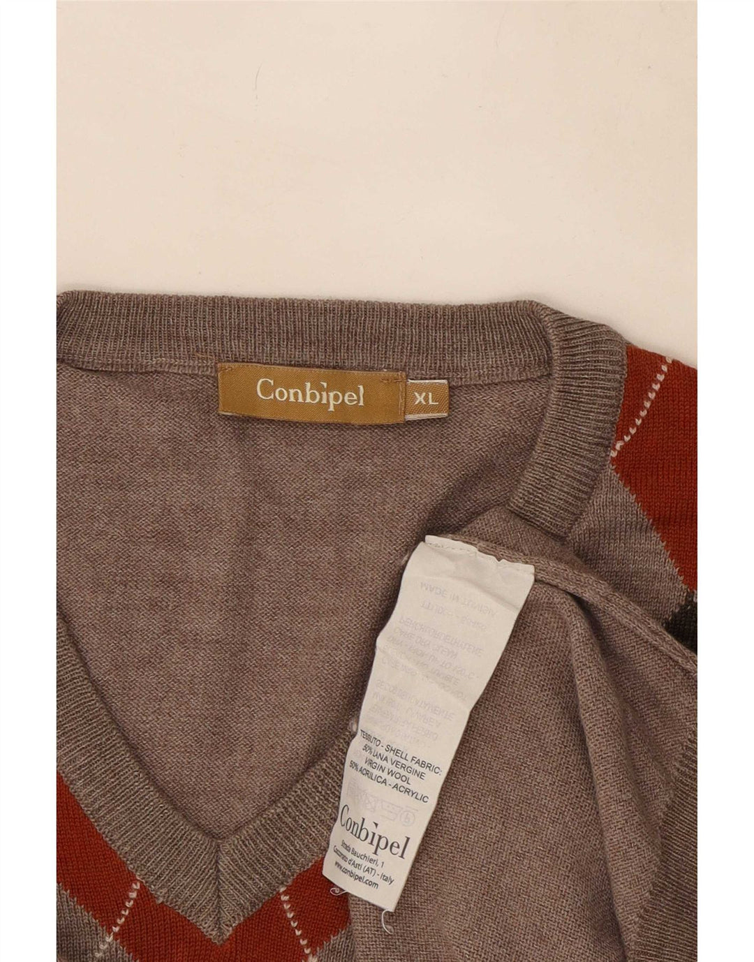 Conbipel Męski sweter z dekoltem w serek XL Szary Argyle/Diamentowa wełna