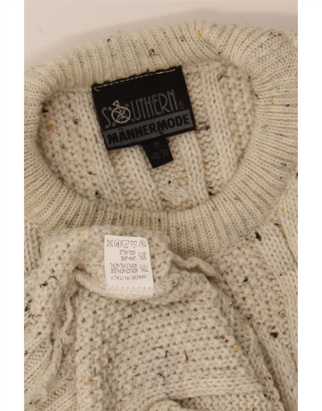 Vintage męski sweter o luźnym kroju z okrągłym dekoltem, średni, w kolorze złamanej bieli, nakrapiany