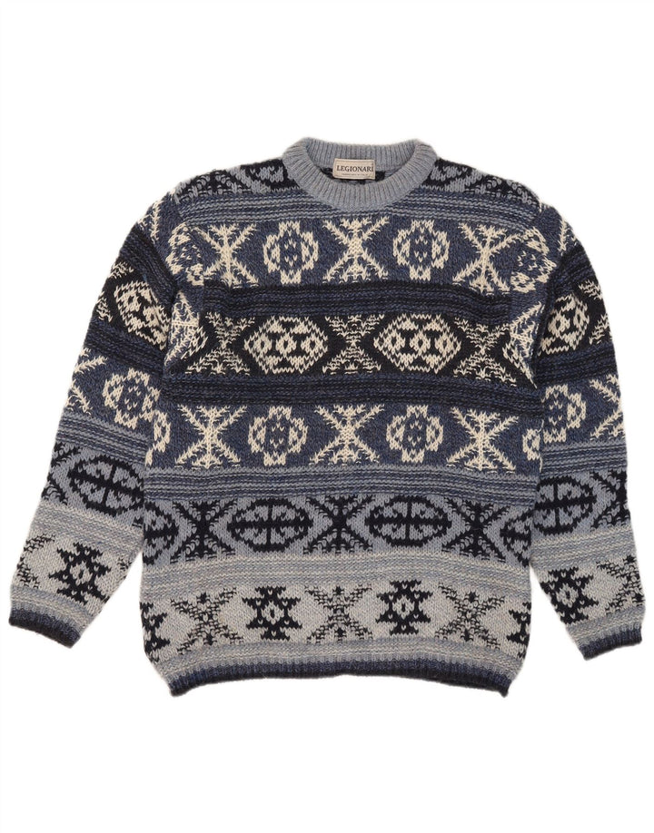 Vintage męski sweter z okrągłym dekoltem IT 48 średni niebieski Fair Isle Wool