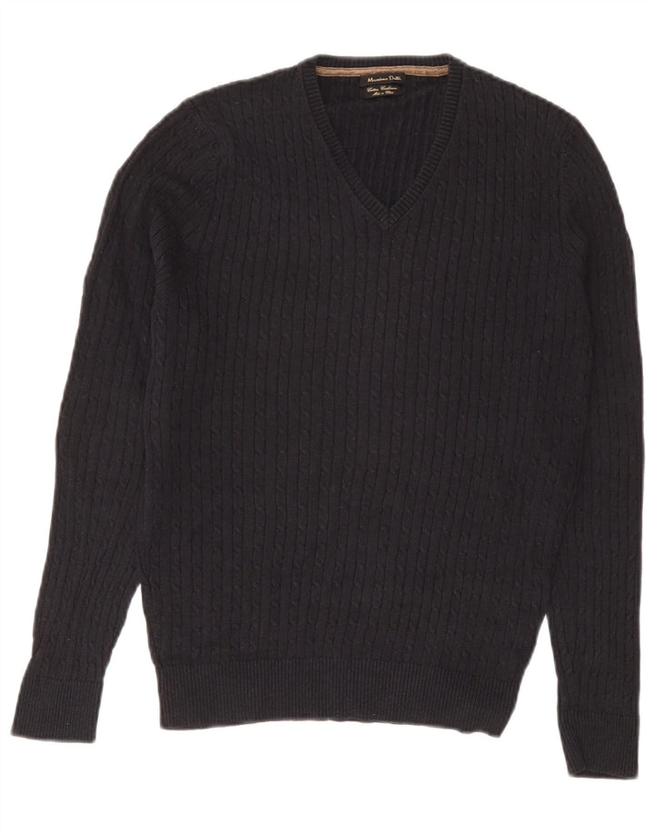 Męski sweter Massimo Dutti z dekoltem w kształcie litery V, średni granatowy, bawełniany