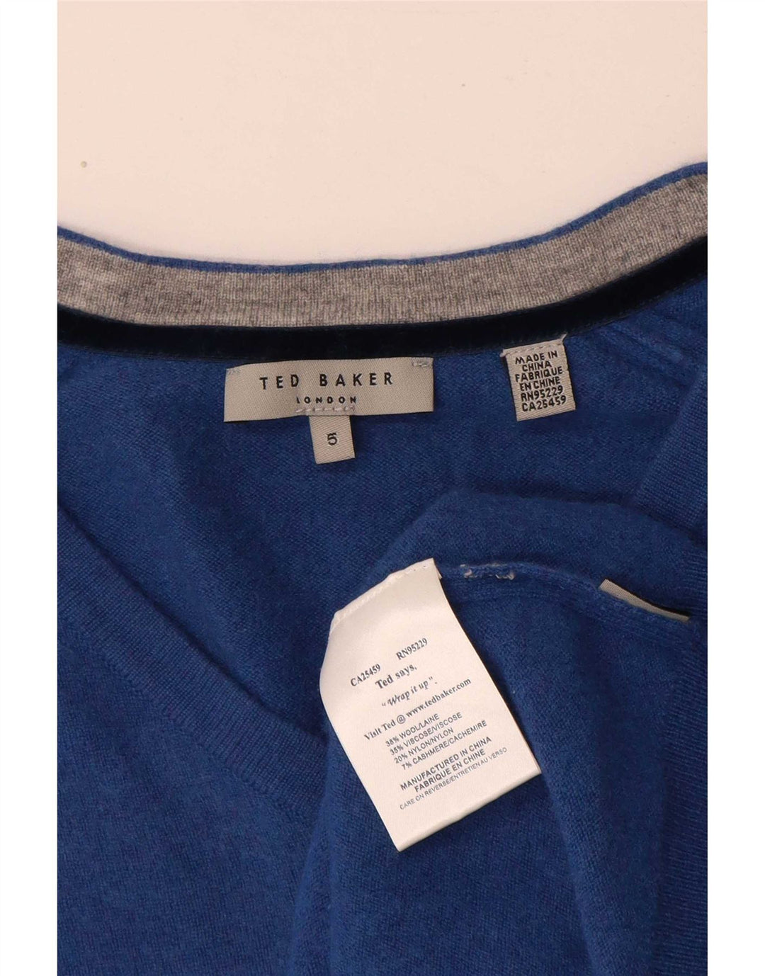 Damski sweter Ted Baker z dekoltem w kształcie litery V, rozmiar 5 XL, niebieska wełna