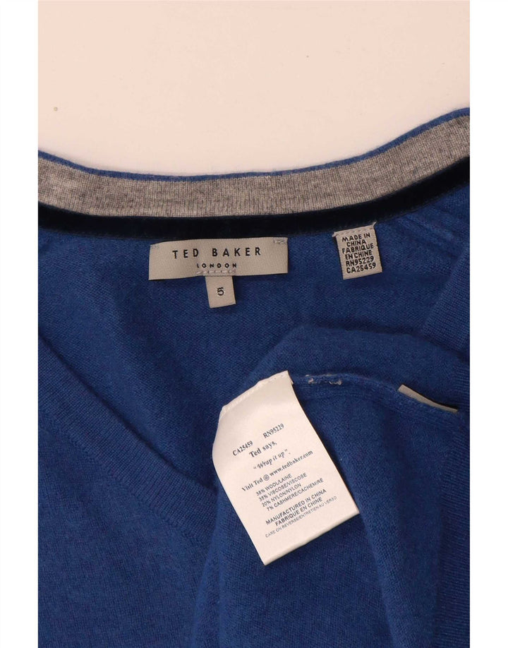 Damski sweter Ted Baker z dekoltem w kształcie litery V, rozmiar 5 XL, niebieska wełna
