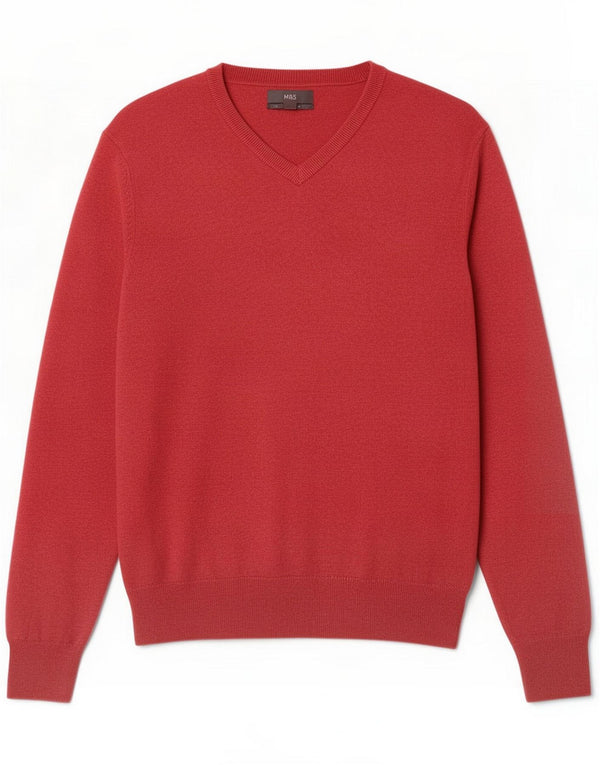 Marks & Spencer Męski sweter z dekoltem w kształcie litery V, duży, czerwony, bawełniany
