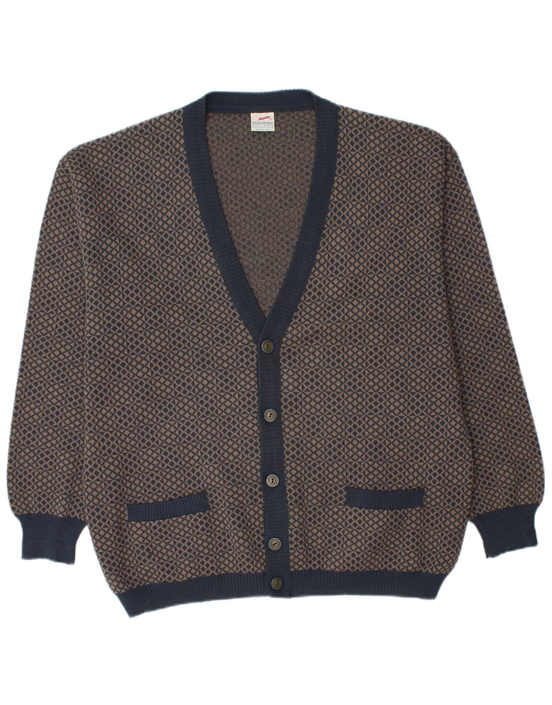 Sweter męski Bernardini, średni granatowy, geometryczny wełniany
