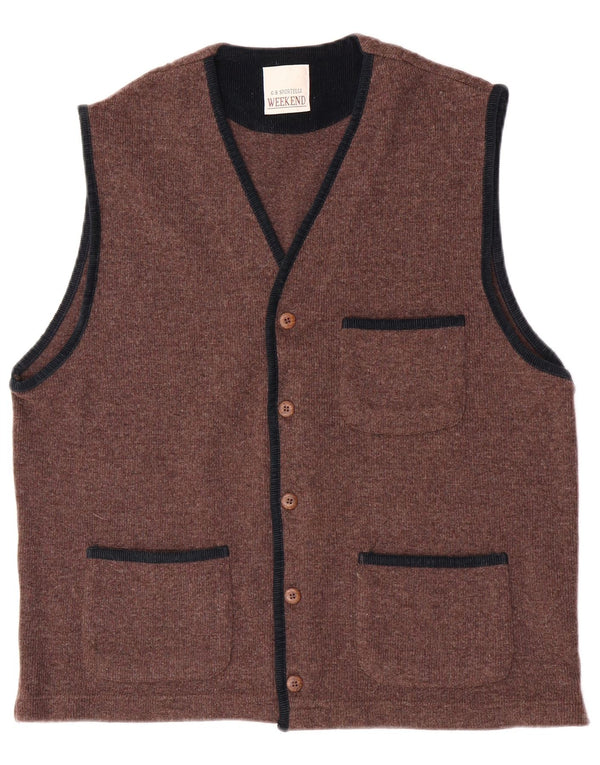 Vintage męski sweter weekendowy bez rękawów, duży, brązowy, wełniany