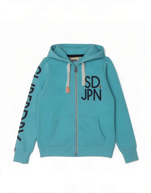 Damski sweter z kapturem i zamkiem błyskawicznym Superdry, UK 16, duży, niebieski, bawełniany