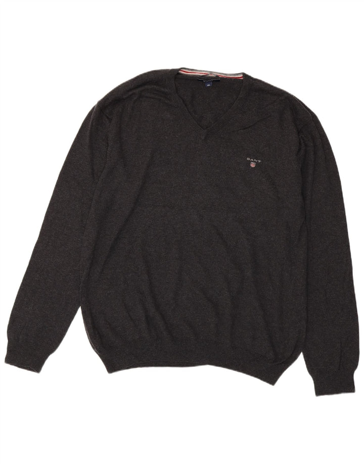Męski sweter Gant z dekoltem w kształcie litery V, 2XL, szara bawełna