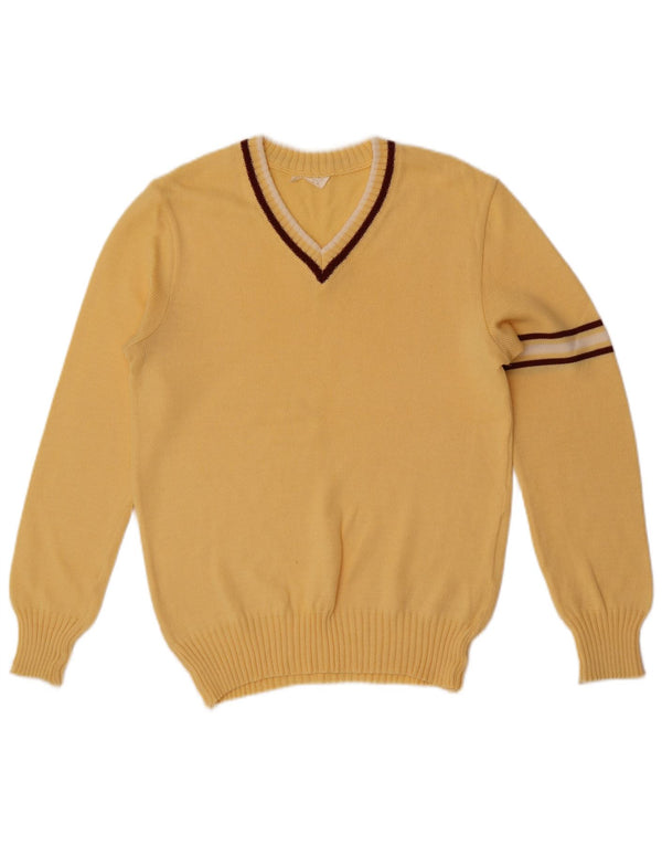 Vintage męski sweter z dekoltem w kształcie litery V, XS, żółty, blok kolorów