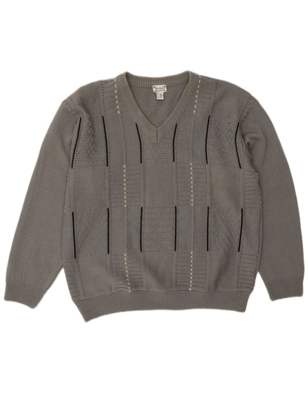 Sweter męski Jacques Lorant z dekoltem w szpic, UK 42/44, duże szare paski