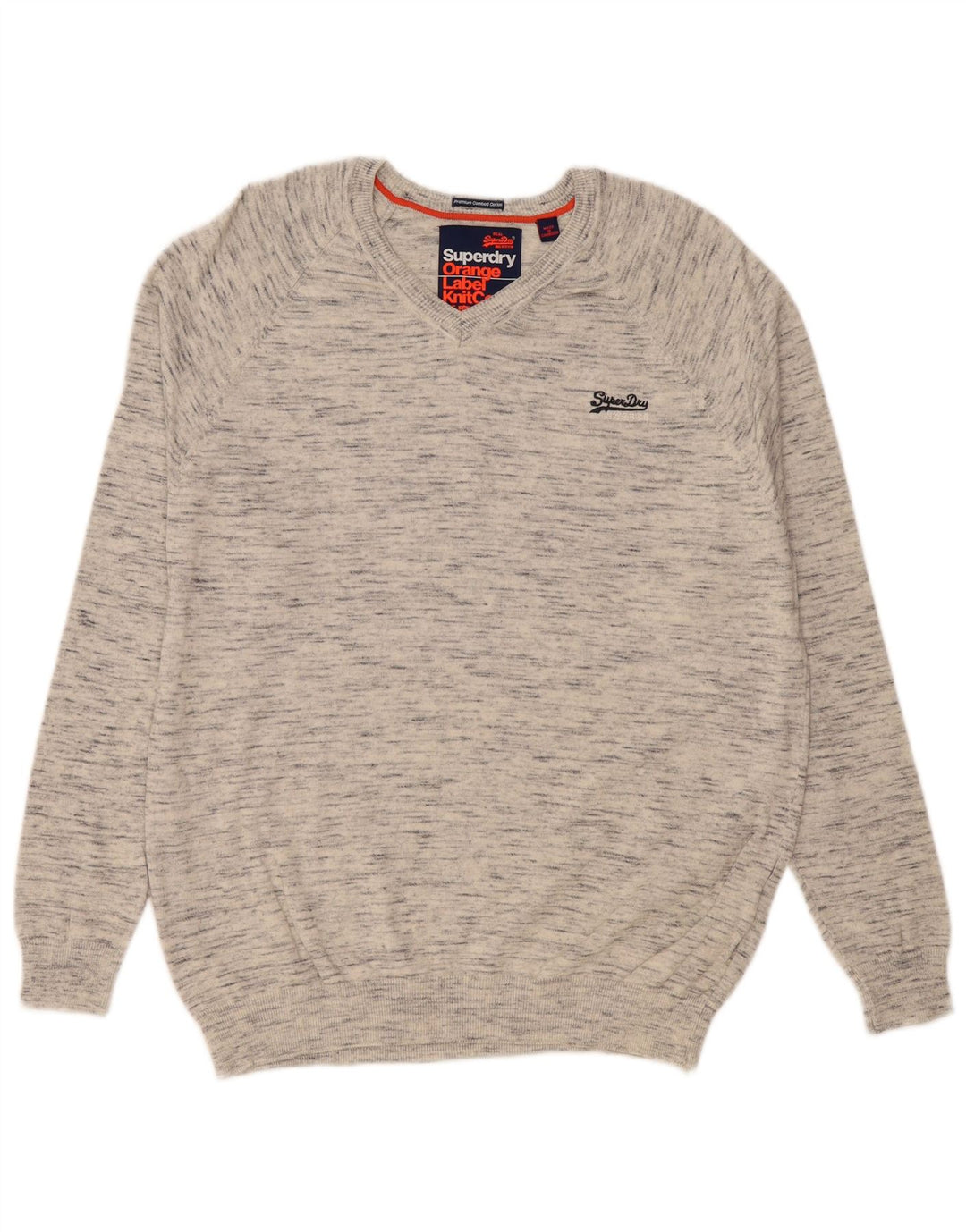 SUPERDRY Damski sweter z dekoltem w kształcie litery V, UK 18 XL, szara bawełna w plamki