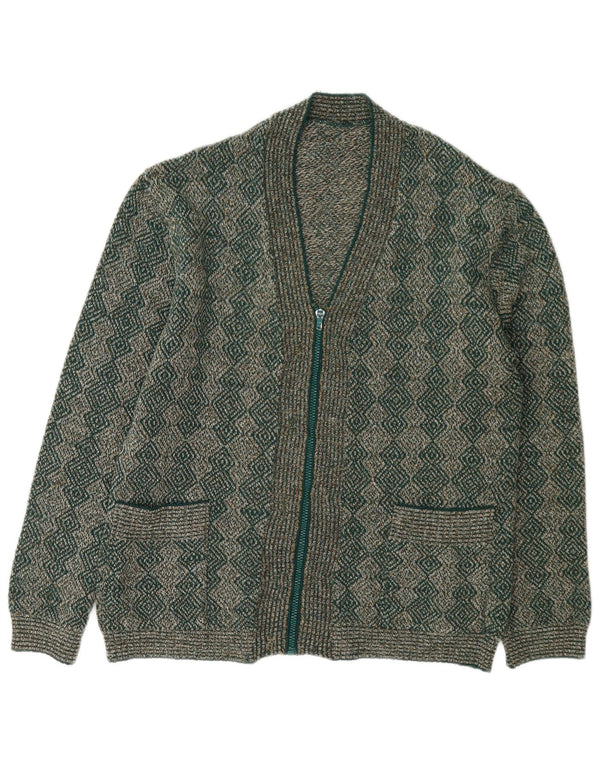 Vintage damski sweter rozpinany na zamek UK 16, duży zielony geometryczny