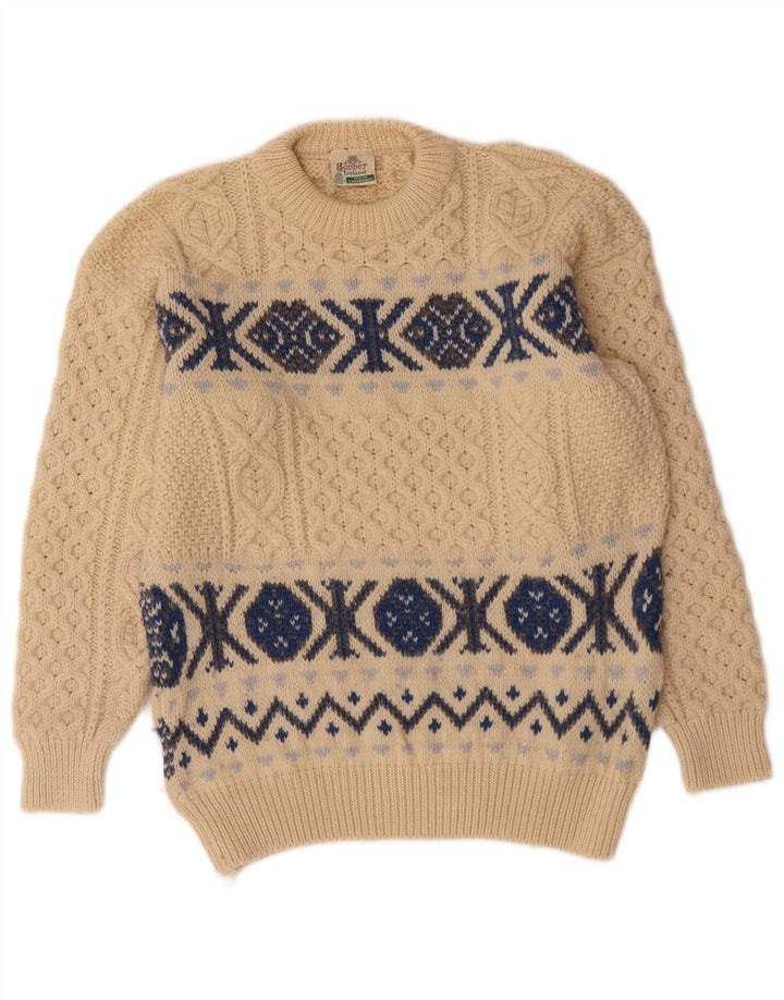 Męski sweter z okrągłym dekoltem Bonner, duży, beżowy, wełna Fair Isle