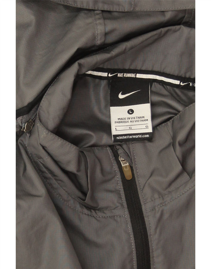 Damska kurtka przeciwdeszczowa z kapturem Nike UK 16, duża, szara, z blokami kolorów, poliestrowa