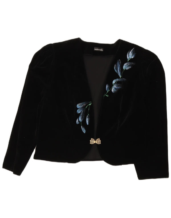Vintage damska aksamitna marynarka typu Crop UK 16, duża, czarna, wełniana w kwiaty