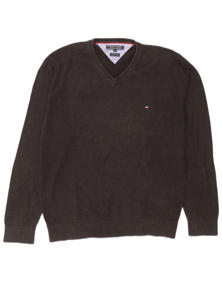 Męski sweter Tommy Hilfiger z dekoltem w kształcie litery V, duży, czarny, bawełniany