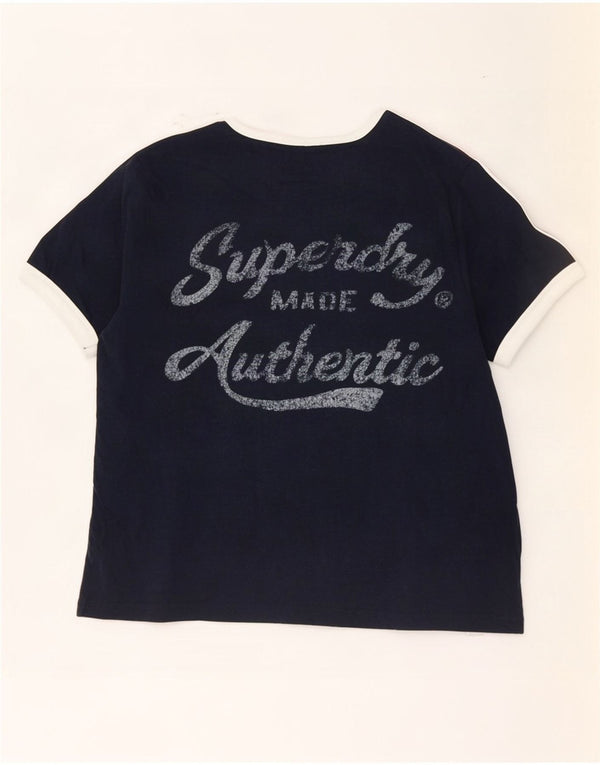 Damski T-shirt Superdry Crop Graphic Top UK 8, mały, granatowy, z blokami kolorów