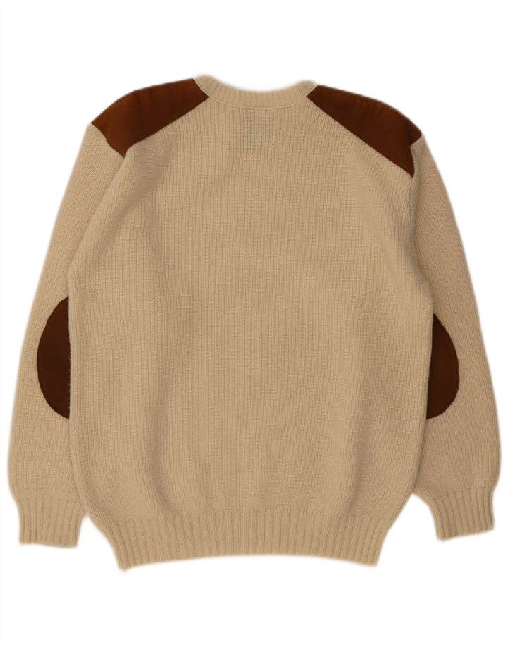 Sweter męski w stylu vintage z okrągłym dekoltem, wełniany, w kolorze średniego beżu