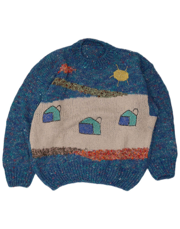 Vintage damski sweter z wycięciem pod szyją, UK 16, duży, niebieski nakrapiany
