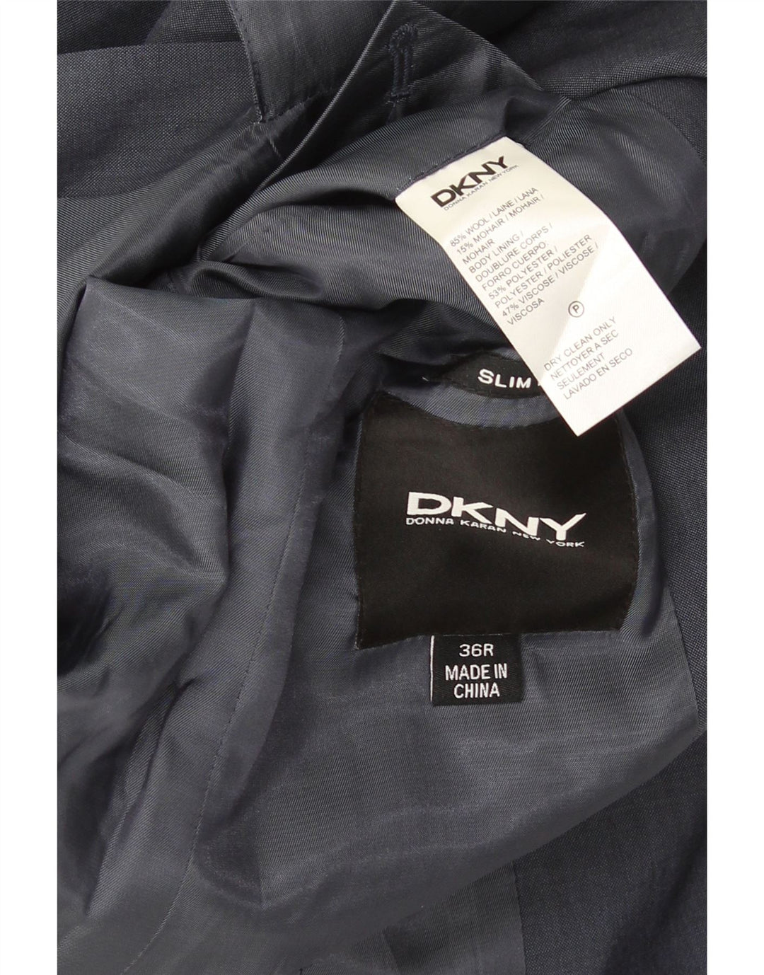 Dkny Męska marynarka zapinana na 2 guziki Slim Fit UK 36 Mała granatowa wełna