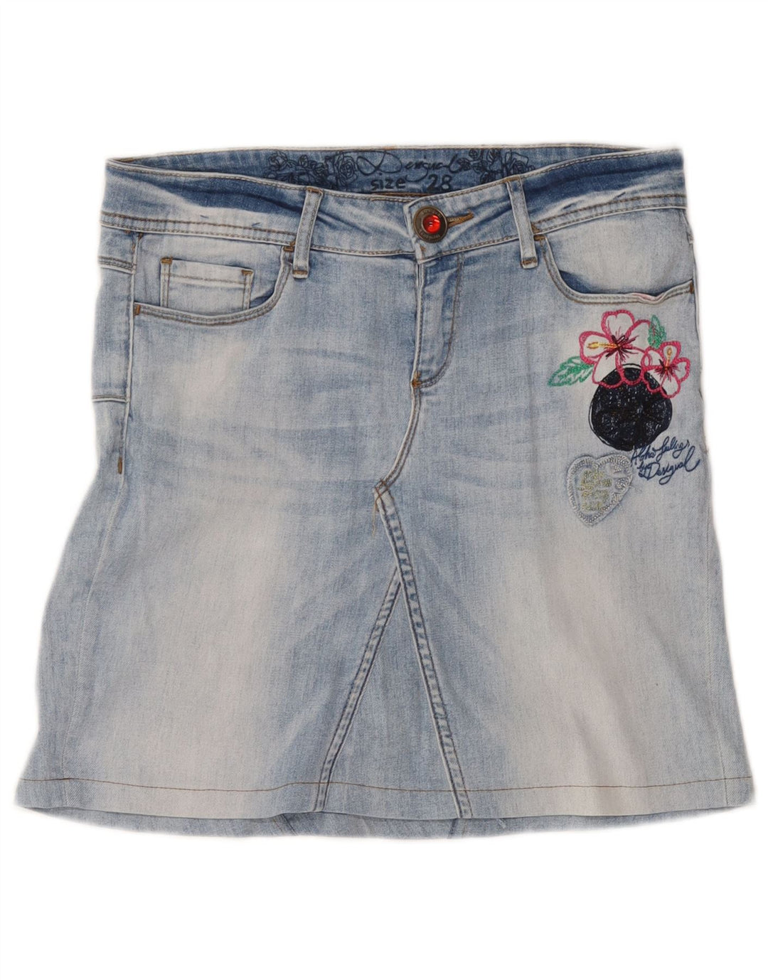 Desigual damska graficzna mini spódniczka dżinsowa W30 średnioniebieska w kwiaty