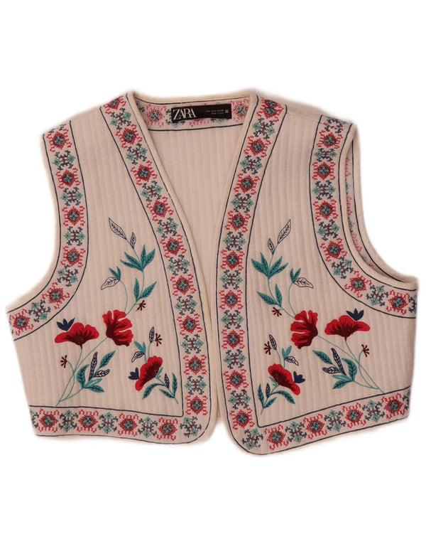Damska kamizelka Crop Zara UK 16, duża, biała, w kwiaty, etniczna