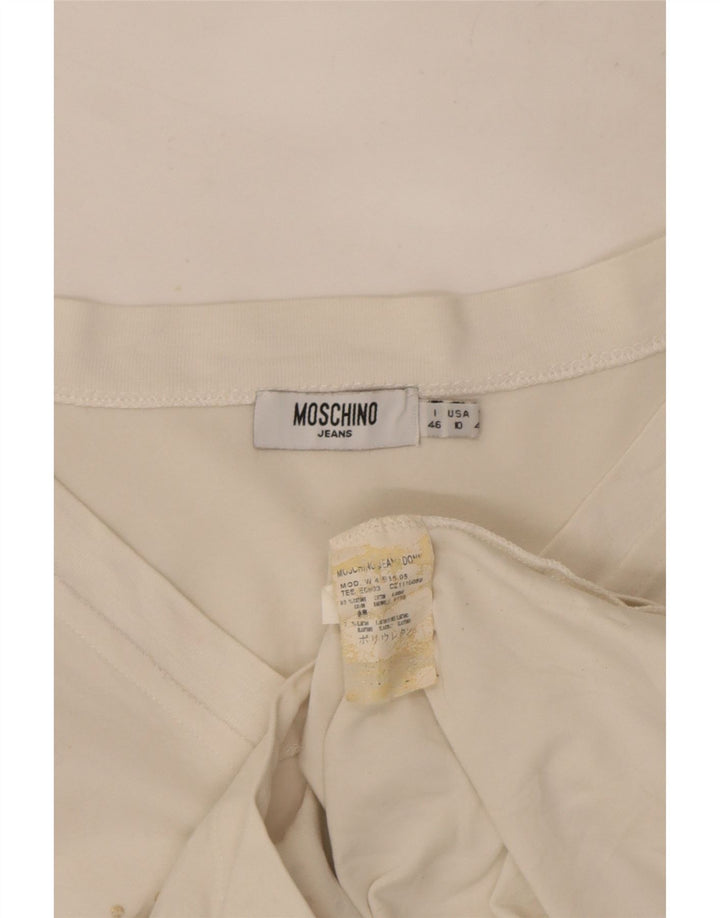 Damski krótki top Moschino z grafiką, długim rękawem, UK 14, średnia biała bawełna