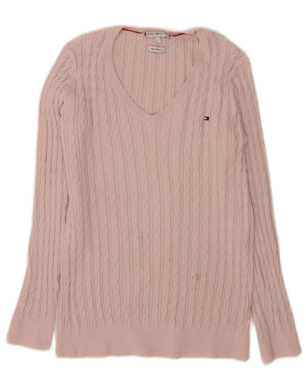 Sweter damski Tommy Hilfiger z dekoltem w kształcie litery V, UK 14, duży, różowy, bawełniany