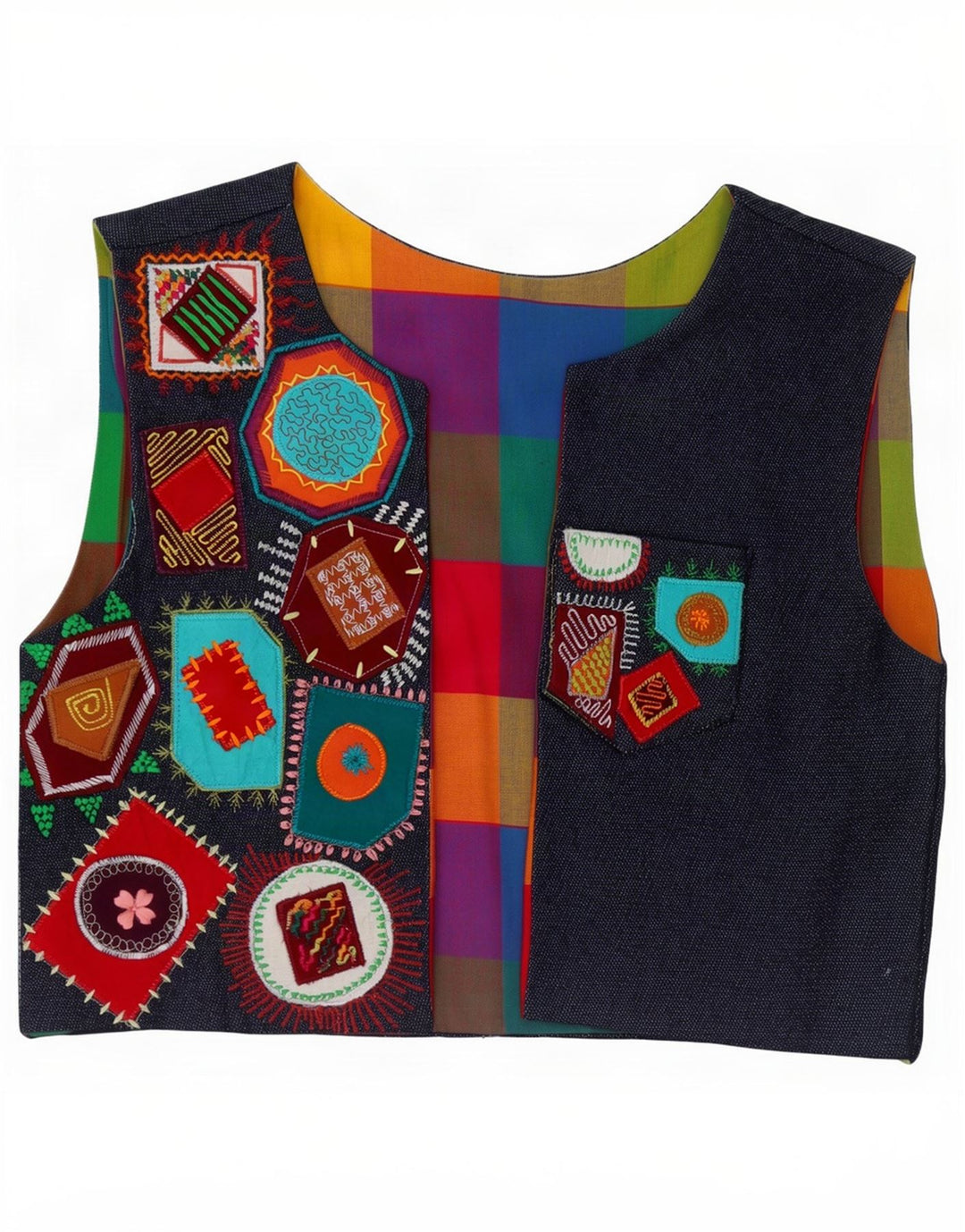 Vintage damska kamizelka dżinsowa OPEN UK 10 Mały wielobarwny patchwork