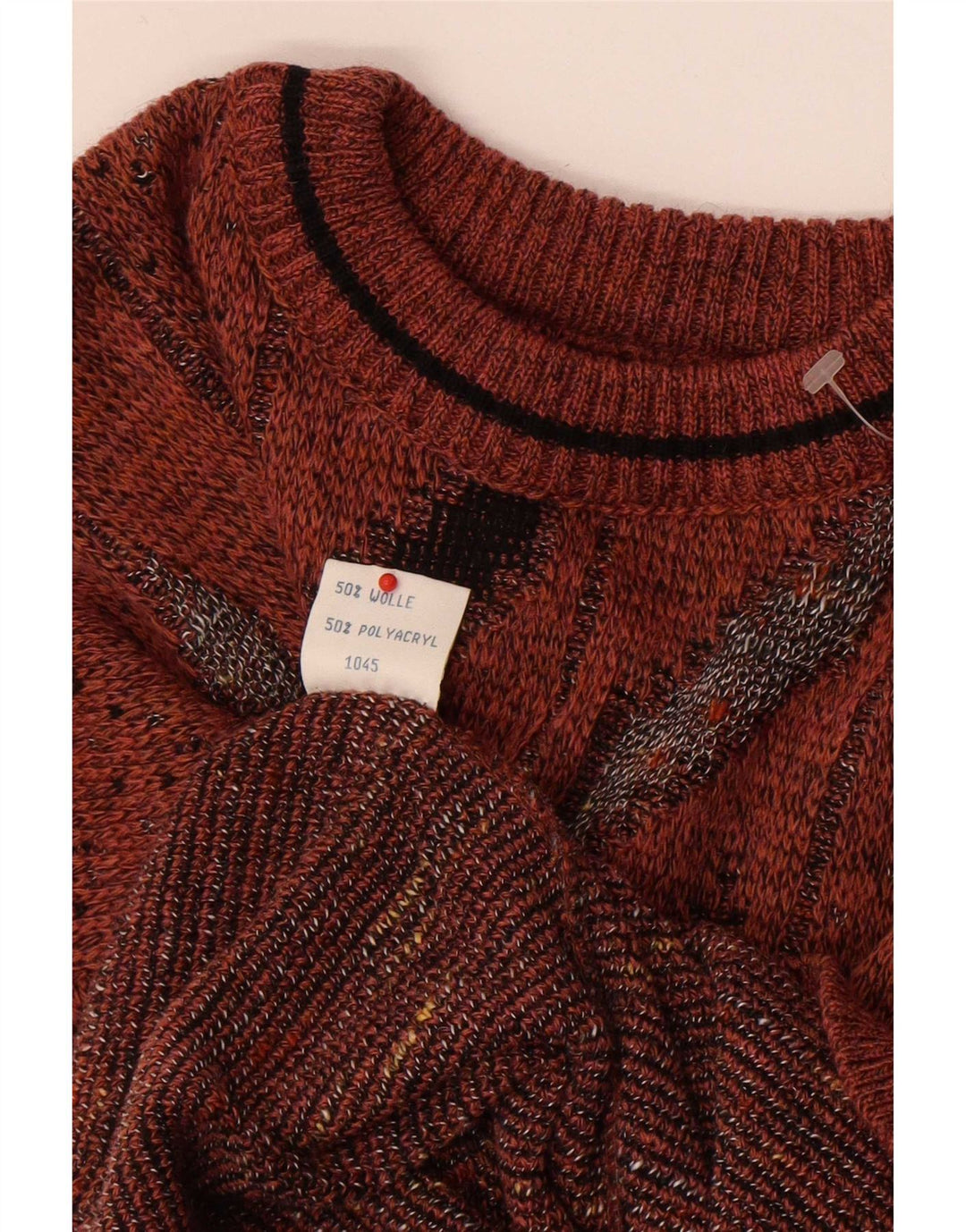 Męski sweter z okrągłym dekoltem w stylu vintage IT 50 Średni brązowy, geometryczny wełniany