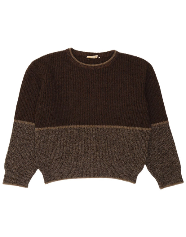 Vintage męski sweter z okrągłym dekoltem XL, brązowa wełna z blokami kolorów