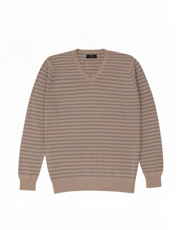 Męski sweter Marks & Spencer Blue Harbor z dekoltem w kształcie litery V, w duże beżowe paski