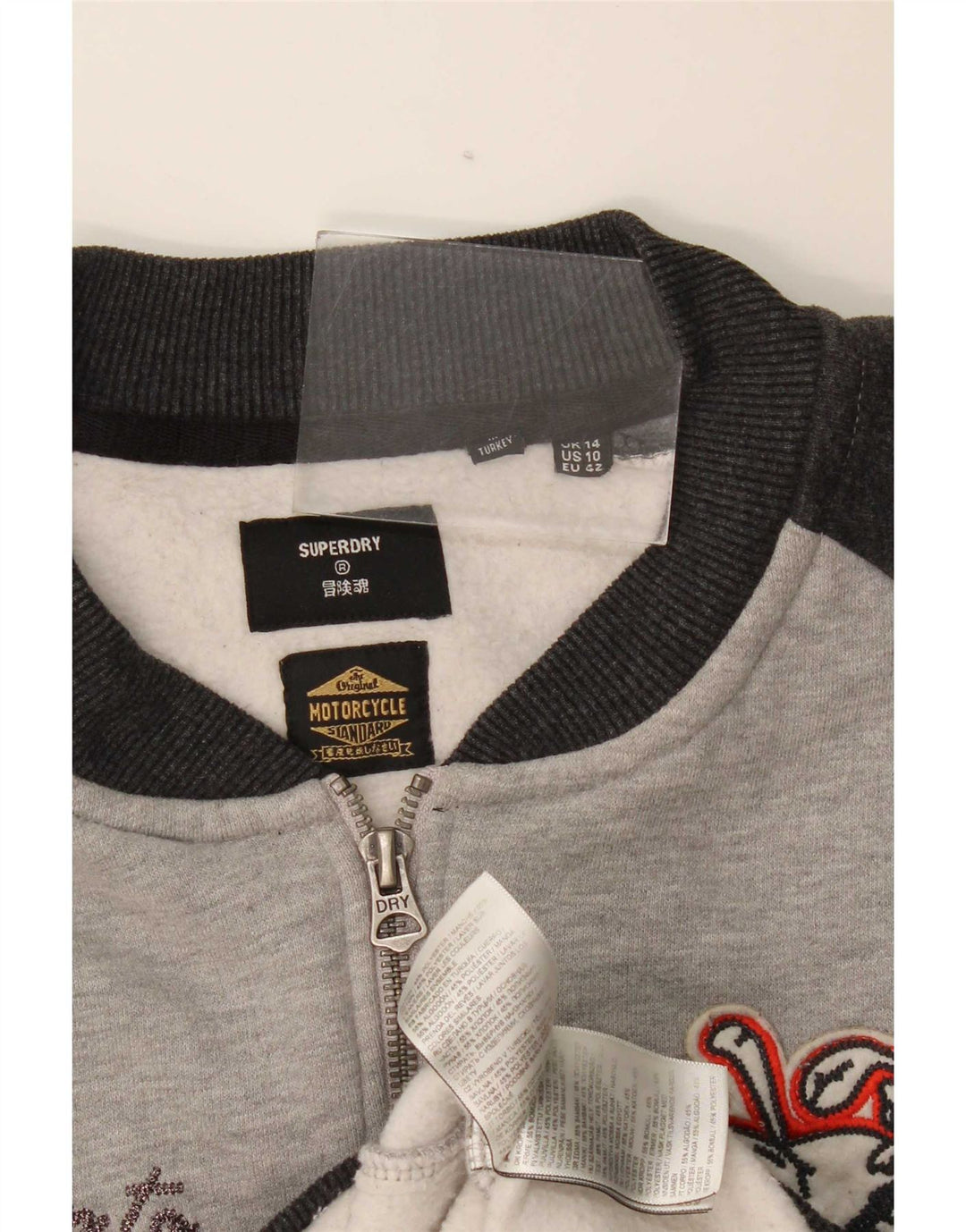 Damska kurtka dresowa Superdry Graphic UK 14, duża, szara, z blokami kolorów