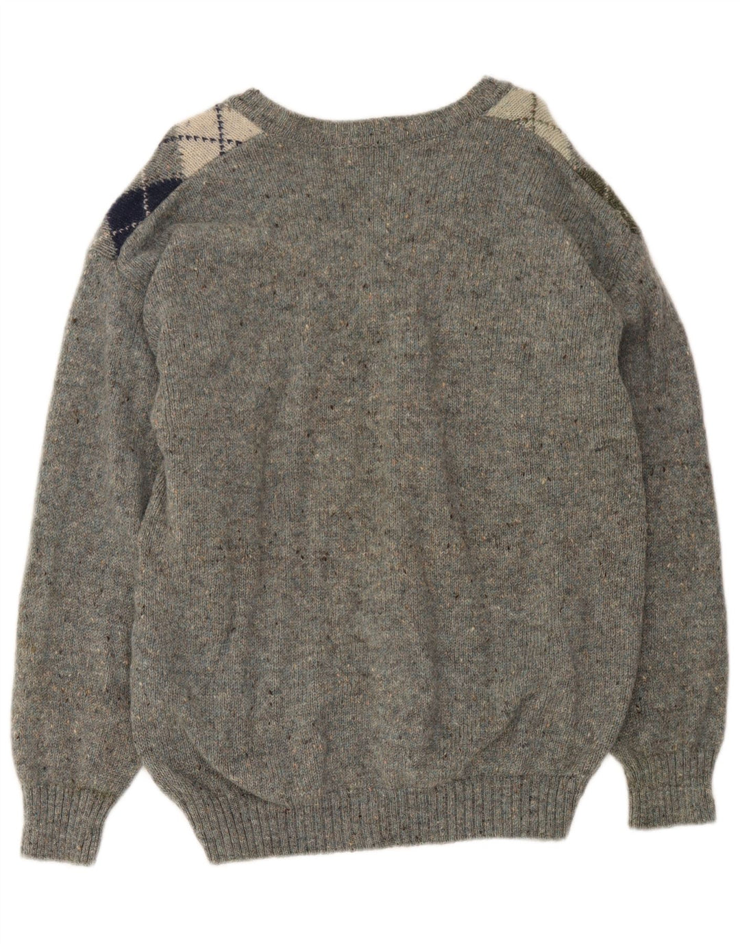 Męski sweter w stylu vintage z dekoltem w szpic, średnio szary, wykonany z tkaniny argyle/diamentowej wełny dziewiczej